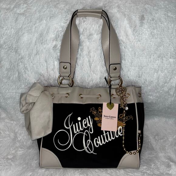 Juicy Couture The Key To Juicy Tote Liquorice Black Daydreamer Beige Bow Handbag - Picture 1 of 11
